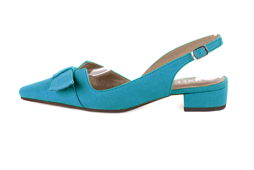 Turquoise blue women's open back shoes, with a knot. Tapered toe. Low block heels. Profile view - Florence KOOIJMAN